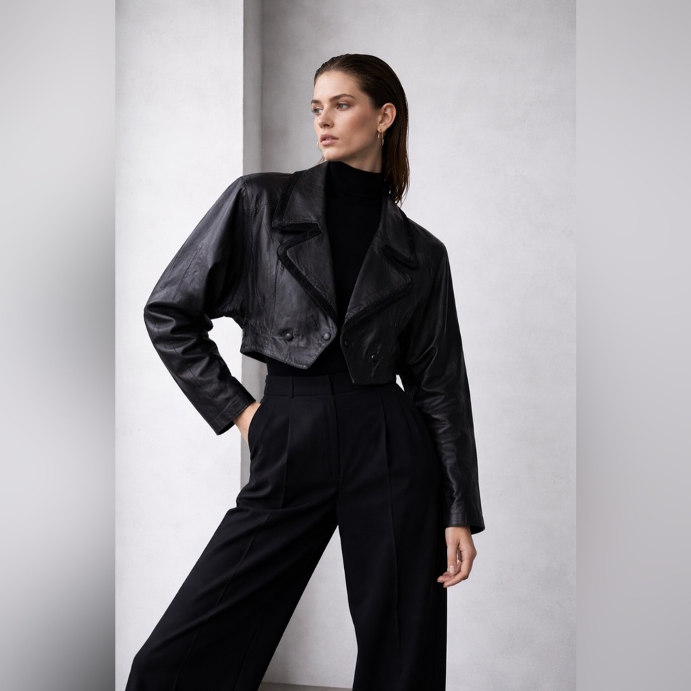 90s Dolman Sleeve Cropped Black Leather Power Blazer • Architectural Jacket